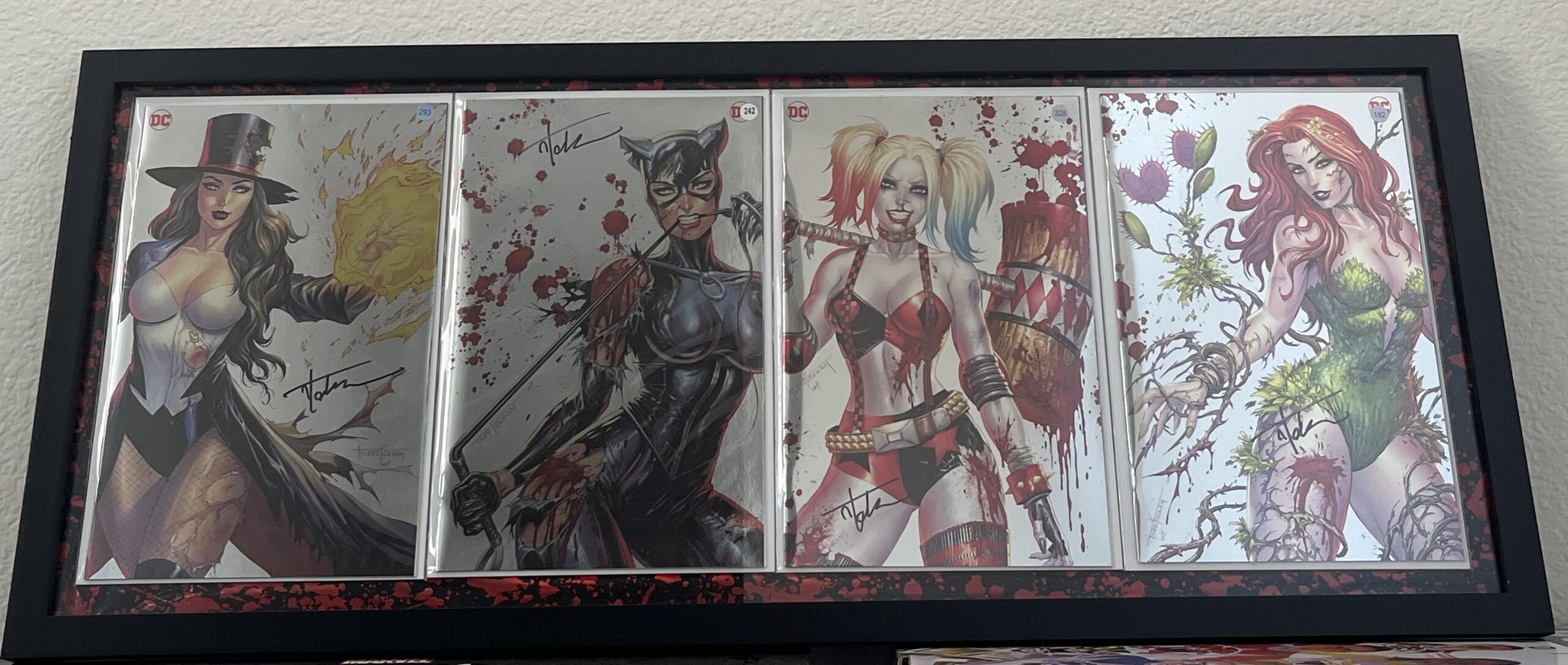 4 Gotham City Sirens Battle Damaged Foil Variant 1 Signed by Tyler Kirkham, Framed with Blood Splatter Matte