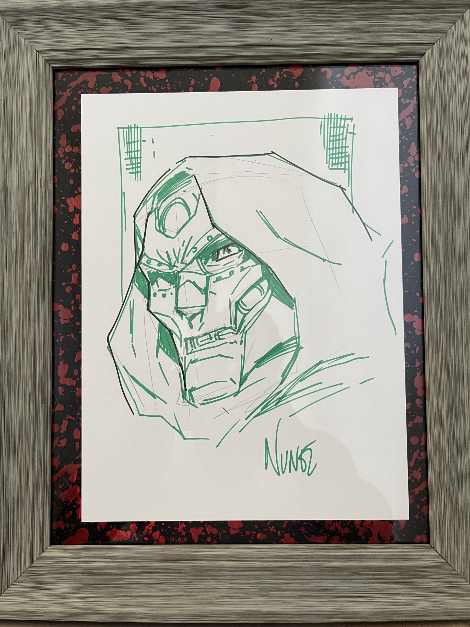 Dr. Doom by Eddie Nunez 9x12 Original Sketch Framed in 11x14 with Blood Splatter Matte